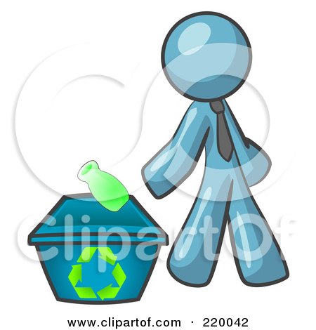 Royalty-Free (RF) Clipart Illustration of a Denim Blue Man Tossing A Plastic Container Into A Recycle Bin, Symbolizing Someone Doing Their Part To Help The Environment And To Be Earth Friendly by Leo Blanchette
