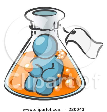 Royalty-Free (RF) Clipart Illustration of a Denim Blue Man Trapped Inside A Bubbly Potion In A Laboratory Beaker With A Tag Around The Bottle by Leo Blanchette