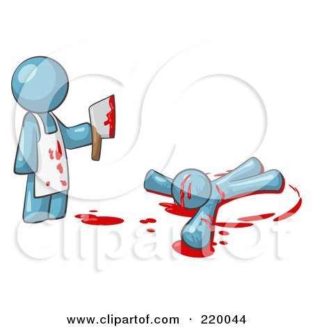 Royalty-Free (RF) Clipart Illustration of a Denim Blue Man Killer Holding A Cleaver Knife Over A Bloody Body by Leo Blanchette