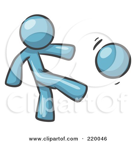 Royalty-Free (RF) Clipart Illustration of a Denim Blue Man Kicking A Ball by Leo Blanchette