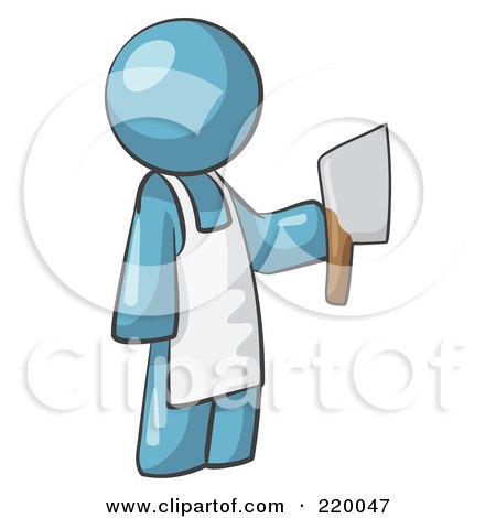Royalty-Free (RF) Clipart Illustration of a Denim Blue Man Butcher Holding A Meat Cleaver Knife by Leo Blanchette