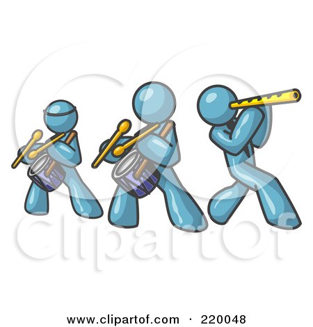 Royalty-Free (RF) Clipart Illustration of Three Denim Blue Men Playing Flutes and Drums at a Music Concert by Leo Blanchette