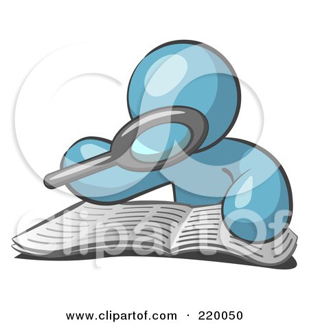 Royalty-Free (RF) Clipart Illustration of a Denim Blue Man Using A Magnifying Glass To Examine The Facts In The Daily Newspaper by Leo Blanchette