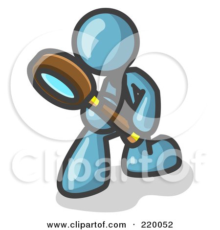 Royalty-Free (RF) Clipart Illustration of a Denim Blue Man Bending Over to Inspect Something Through a Magnifying Glass by Leo Blanchette