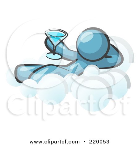 Royalty-Free (RF) Clipart Illustration of a Relaxed Denim Blue Man Drinking A Martini And Kicking Back On Cloud Nine by Leo Blanchette