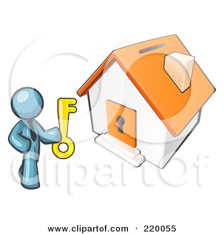 Royalty-Free (RF) Clipart Illustration of a Denim Blue Businessman Holding A Skeleton Key And Standing In Front Of A House With A Coin Slot And Keyhole by Leo Blanchette