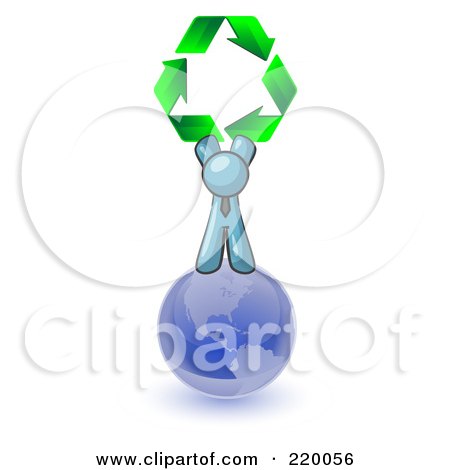 Royalty-Free (RF) Clipart Illustration of a Denim Blue Man Standing On Top Of The Blue Planet Earth And Holding Up Three Green Arrows Forming A Triangle And Moving In A Clockwise Motion, Symbolizing Renewable Energy And Recycling by Leo Blanchette