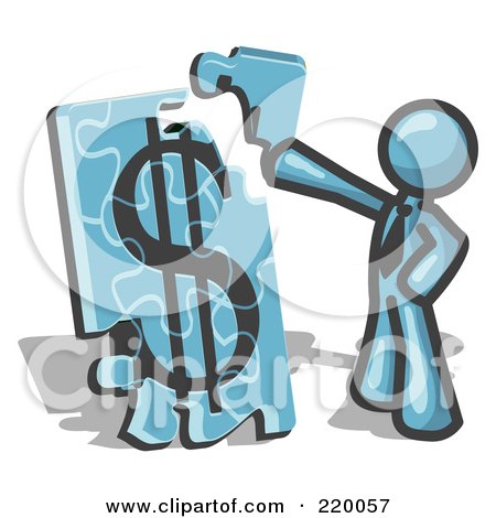 Royalty-Free (RF) Clipart Illustration of a Denim Blue Businessman Putting a Dollar Sign Puzzle Together by Leo Blanchette
