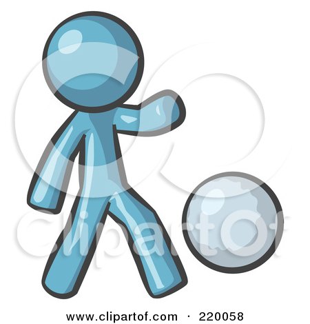 Royalty-Free (RF) Clipart Illustration of a Denim Blue Man Kicking A White Ball by Leo Blanchette