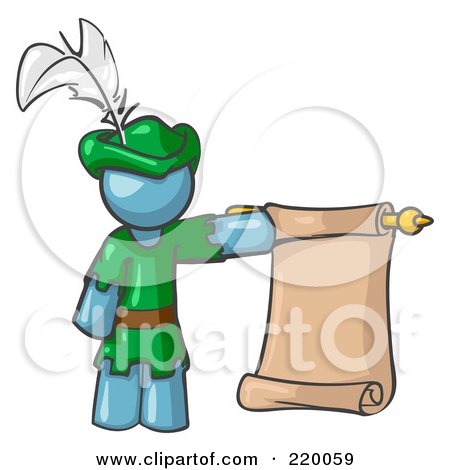 Royalty-Free (RF) Clipart Illustration of a Denim Blue Man Dressed As Robin Hood With A Feather In His Hat, Holding A Blank Scroll And Acting As A Pageboy by Leo Blanchette
