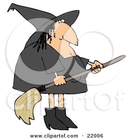 Clipart Illustration of a Fat Female Witch With A Wart On Her Nose, Wearing Black And Holding A Broom Stick by djart