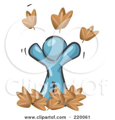Royalty-Free (RF) Clipart Illustration of a Carefree Denim Blue Man Tossing Up Autumn Leaves In The Air, Symbolizing Happiness And Freedom by Leo Blanchette