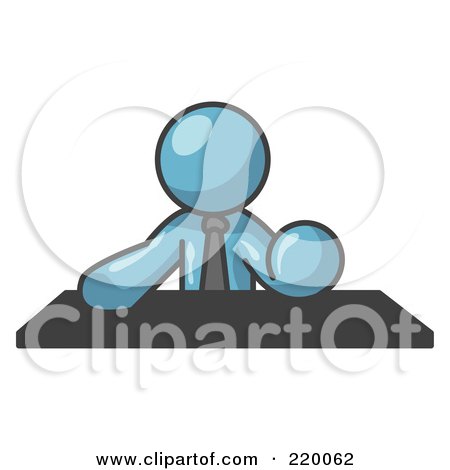 Royalty-Free (RF) Clipart Illustration of a Denim Blue Businessman Seated at a Desk During a Meeting by Leo Blanchette