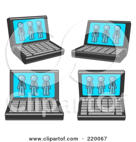 Royalty-Free (RF) Clipart Illustration of Four Laptop Computers With Three Denim Blue Men on Each Screen by Leo Blanchette