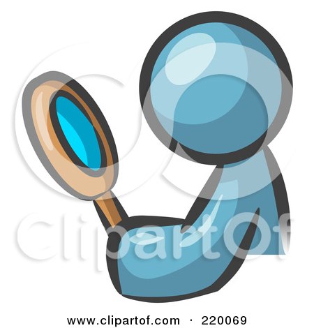 Royalty-Free (RF) Clipart Illustration of a Denim Blue Man Inspecting Something Through A Magnifying Glass by Leo Blanchette