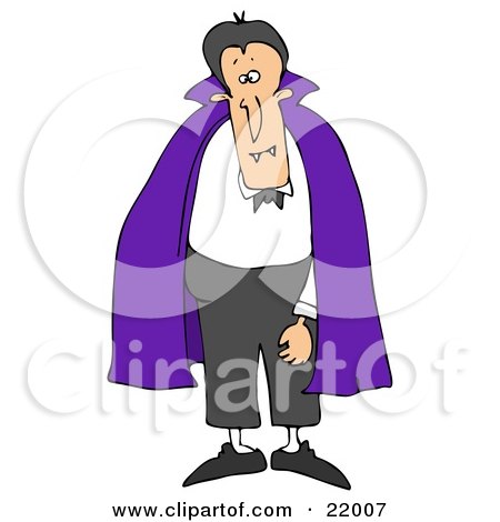 Clipart Illustration of a Male Vampire With Fangs, Standing And Wearing A Purple Cape Over A White Shirt And Black Pants by djart