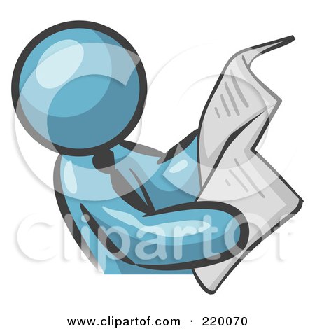 Royalty-Free (RF) Clipart Illustration of a Denim Blue Man Wearing A Tie, Leaning Back And Reading The Daily News In A Newspaper by Leo Blanchette