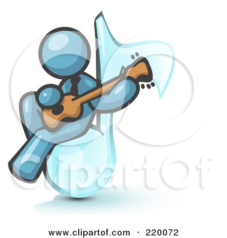 Royalty-Free (RF) Clipart Illustration of a Denim Blue Man Sitting on a Music Note and Playing a Guitar by Leo Blanchette