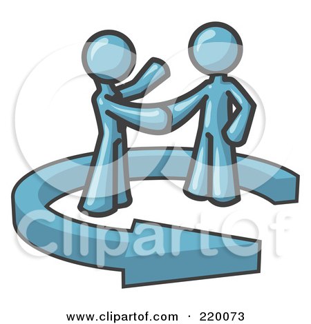 Royalty-Free (RF) Clipart Illustration of a Denim Blue Salesman Shaking Hands With a Client While Making a Deal by Leo Blanchette