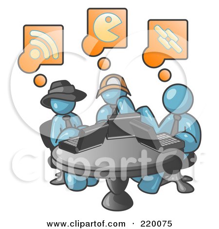 Royalty-Free (RF) Clipart Illustration of Three Denim Blue Men Using Laptops in an Internet Cafe by Leo Blanchette