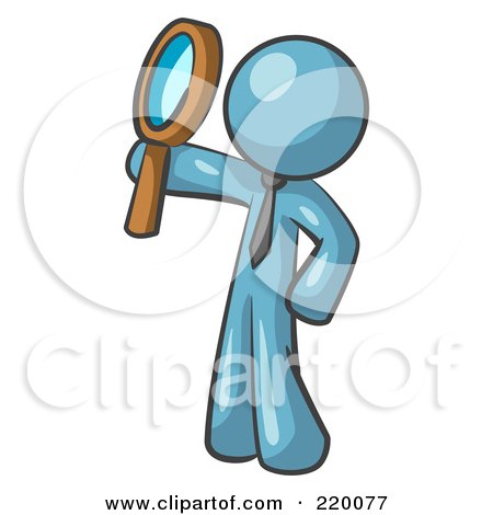Royalty-Free (RF) Clipart Illustration of a Denim Blue Man Holding Up A Magnifying Glass And Peering Through It While Investigating Or Researching Something  by Leo Blanchette