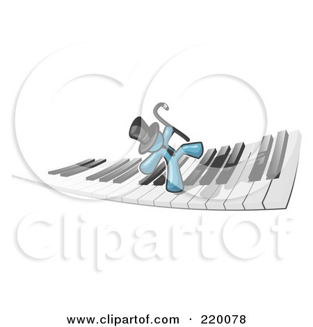 Royalty-Free (RF) Clipart Illustration of a Denim Blue Man Dancing and Walking on a Piano Keyboard by Leo Blanchette