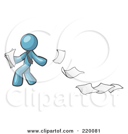 Royalty-Free (RF) Clipart Illustration of a Denim Blue Man Dropping White Sheets Of Paper On A Ground And Leaving A Paper Trail, Symbolizing Waste by Leo Blanchette