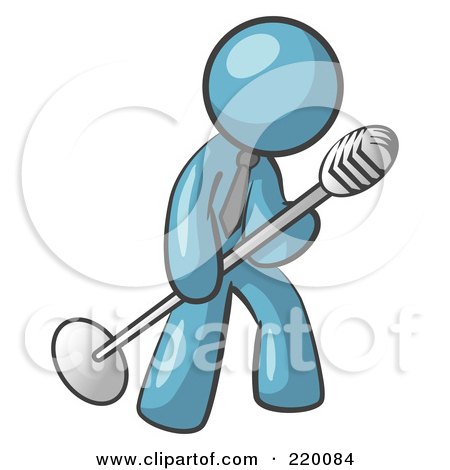 Royalty-Free (RF) Clipart Illustration of a Denim Blue Man In A Tie, Singing Songs On Stage During A Concert Or At A Karaoke Bar While Tipping The Microphone by Leo Blanchette