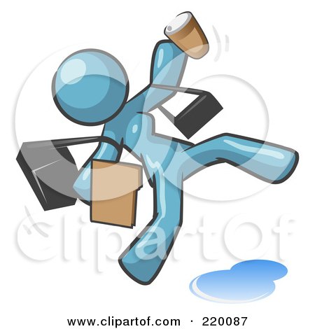 Royalty-Free (RF) Clipart Illustration of an Overwhelmed Denim Blue Woman Slipping On A Puddle Of Water by Leo Blanchette
