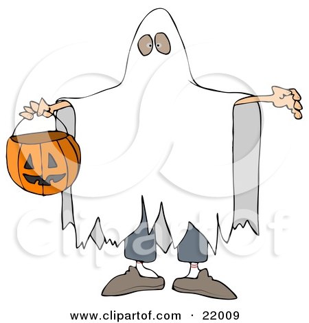 Clipart Illustration of a Halloween Trick Or Treater In A White Sheet Ghost Costume, Holding His Arms Out And Carrying A Pumpkin Basket by djart