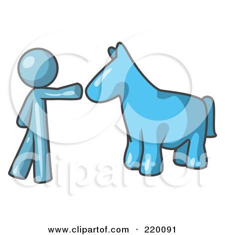 Royalty-Free (RF) Clipart Illustration of a Denim Blue Man Petting A Blue Horse by Leo Blanchette