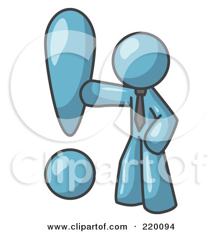 Royalty-Free (RF) Clipart Illustration of a Denim Blue Businessman Standing by a Large Exclamation Point by Leo Blanchette