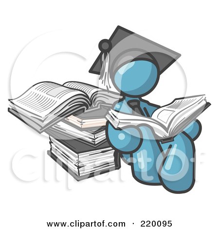 Royalty-Free (RF) Clipart Illustration of a Denim Blue Male Student in a Graduation Cap, Reading a Book and Leaning Against a Stack of Books by Leo Blanchette