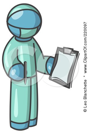 Royalty-Free (RF) Clipart Illustration of a Denim Blue Surgeon Man in Green Scrubs, Holding a Pen and Clipboard by Leo Blanchette