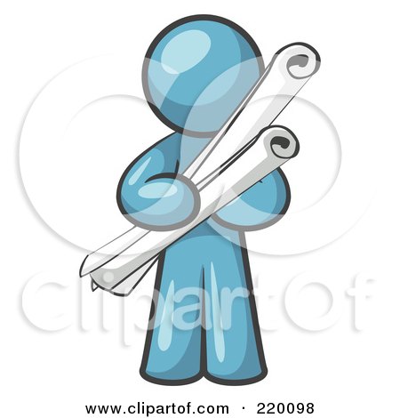 Royalty-Free (RF) Clipart Illustration of a Denim Blue Man Architect Carrying Rolled Blue Prints And Plans by Leo Blanchette