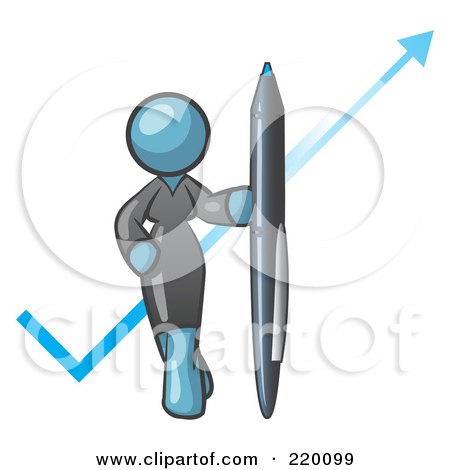 Royalty-Free (RF) Clipart Illustration of a Denim Blue Lady In A Gray Dress, Standing With A Giant Pen In Front Of A Blue Check Mark by Leo Blanchette