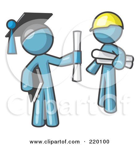 Royalty-Free (RF) Clipart Illustration of a Denim Blue Man Graduate And Denim Blue Man Contractor by Leo Blanchette
