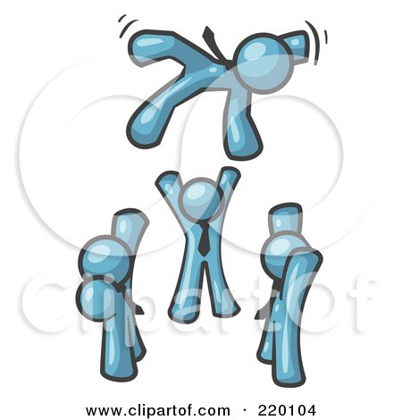 Royalty-Free (RF) Clipart Illustration of a Group of Denim Blue Men Tossing Another Into the Air by Leo Blanchette