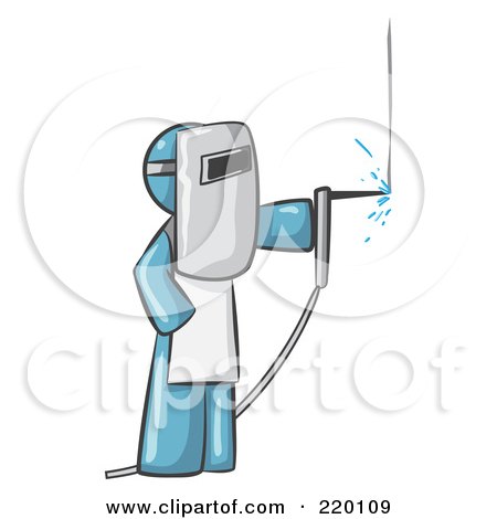 Royalty-Free (RF) Clipart Illustration of a Denim Blue Man Welding Wearing Protective Gear by Leo Blanchette