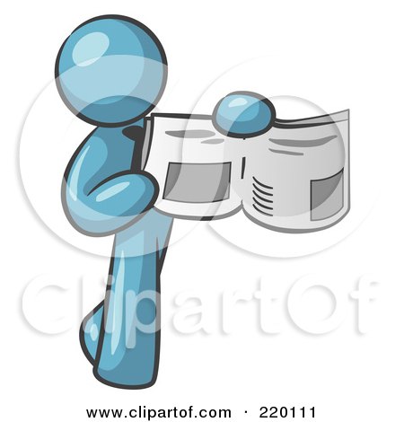 Royalty-Free (RF) Clipart Illustration of a Denim Blue Man Holding Up A Newspaper And Pointing To An Article by Leo Blanchette