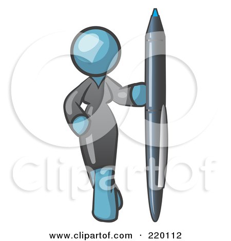 Royalty-Free (RF) Clipart Illustration of a Denim Blue Woman In A Gray Dress, Standing With One Hand On Her Hip, Holding A Huge Pen by Leo Blanchette