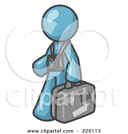 Royalty-Free (RF) Clipart Illustration of a Denim Blue Male Tourist Carrying His Suitcase and Walking With a Camera Around His Neck by Leo Blanchette