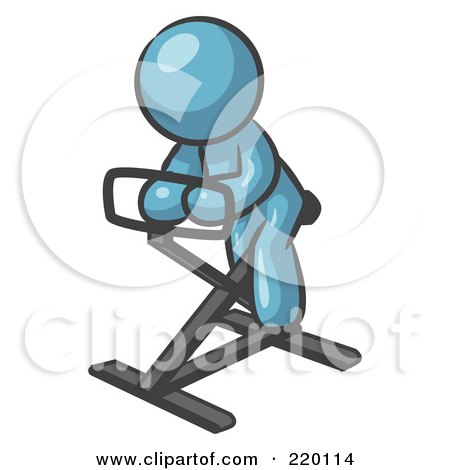 Royalty-Free (RF) Clipart Illustration of a Denim Blue Man Exercising On A Stationary Bicycle by Leo Blanchette