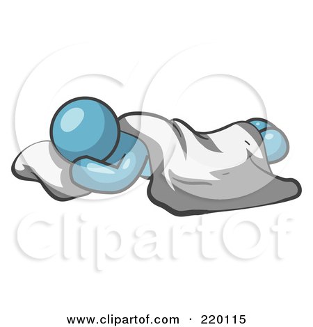 Royalty-Free (RF) Clipart Illustration of a Comfortable Denim Blue Man Sleeping On The Floor With A Sheet Over Him by Leo Blanchette