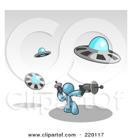 Royalty-Free (RF) Clipart Illustration of a Denim Blue Man Fighting Off UFO's With Weapons by Leo Blanchette
