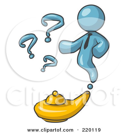 Royalty-Free (RF) Clipart Illustration of a Denim Blue Genie Man Emerging From a Golden Lamp With Question Marks by Leo Blanchette