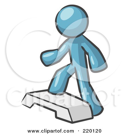 Royalty-Free (RF) Clipart Illustration of a Denim Blue Man Doing Step Ups On An Aerobics Platform While Exercising by Leo Blanchette