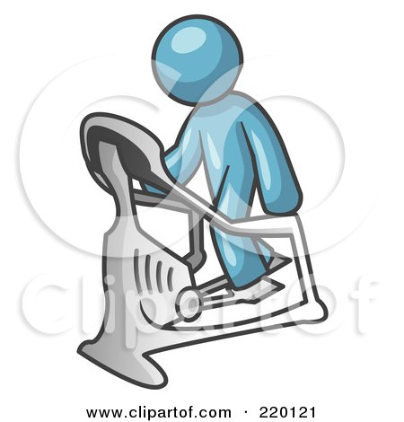 Royalty-Free (RF) Clipart Illustration of a Denim Blue Man Exercising on a Stair Climber During a Cardio Workout in a Fitness Gym by Leo Blanchette