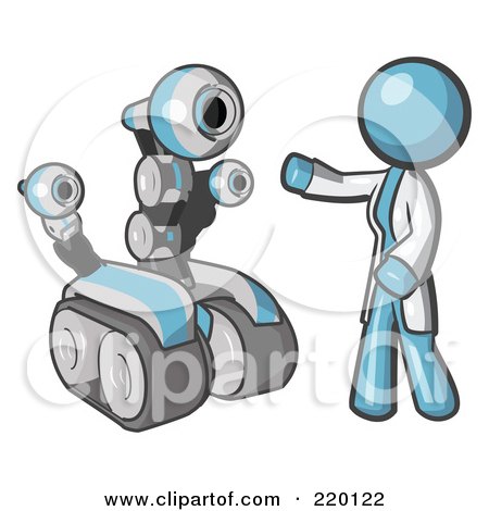 Royalty-Free (RF) Clipart Illustration of a Denim Blue Man Inventor With A Rover Robot by Leo Blanchette