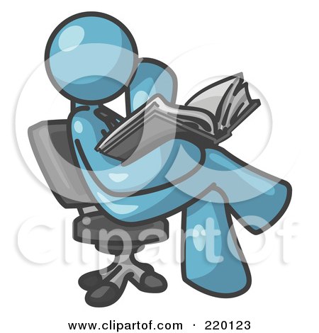 Royalty-Free (RF) Clipart Illustration of a Denim Blue Man Sitting Cross Legged in a Chair and Reading a Book by Leo Blanchette